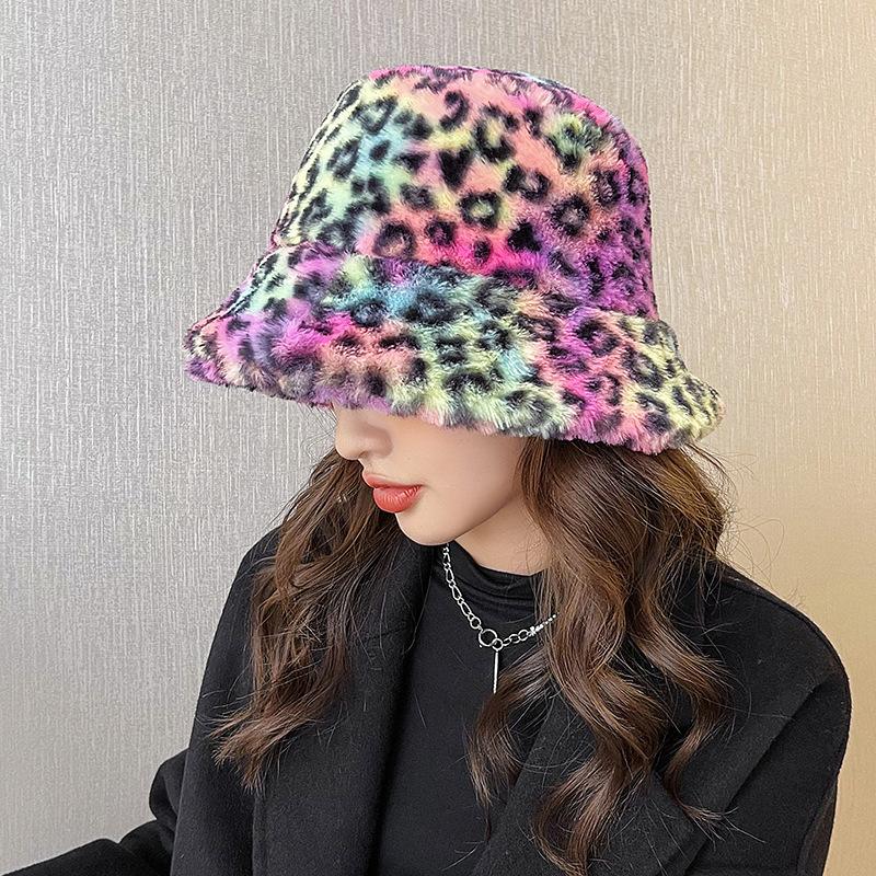 Dye Leopard Tie Print Plush Retro Fisherman Hat Thickened Warm Accessories Girl