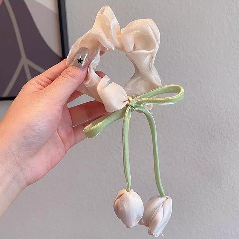 

Girls Sweet Gentle Tulip Flowers Ribbons Large Intestine Hairband Women Elastics Hair Band Ponytail Hair Ropes Hair Accessories