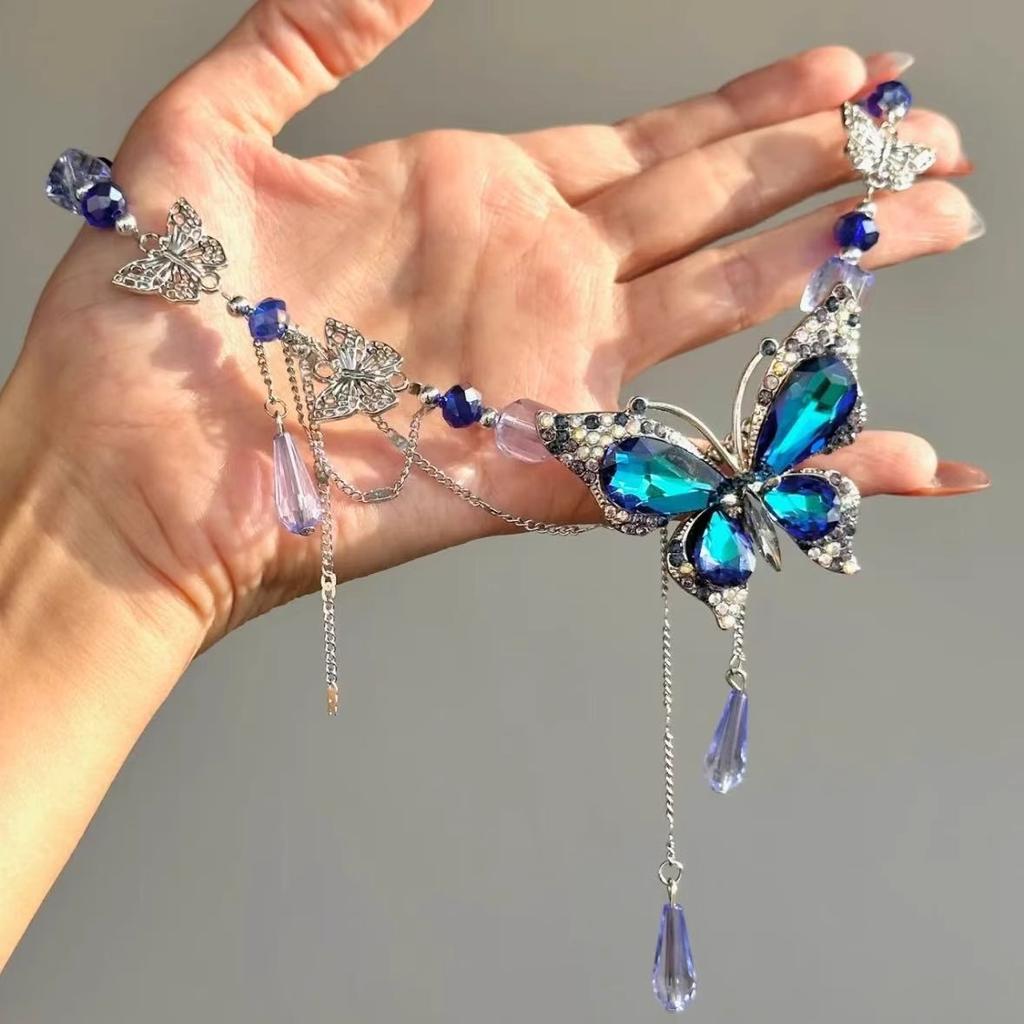 Super Fairy Retro Collarbone Chain, Blue Crystal Butterfly Tassel Light Luxury Personality Women Neck Chain