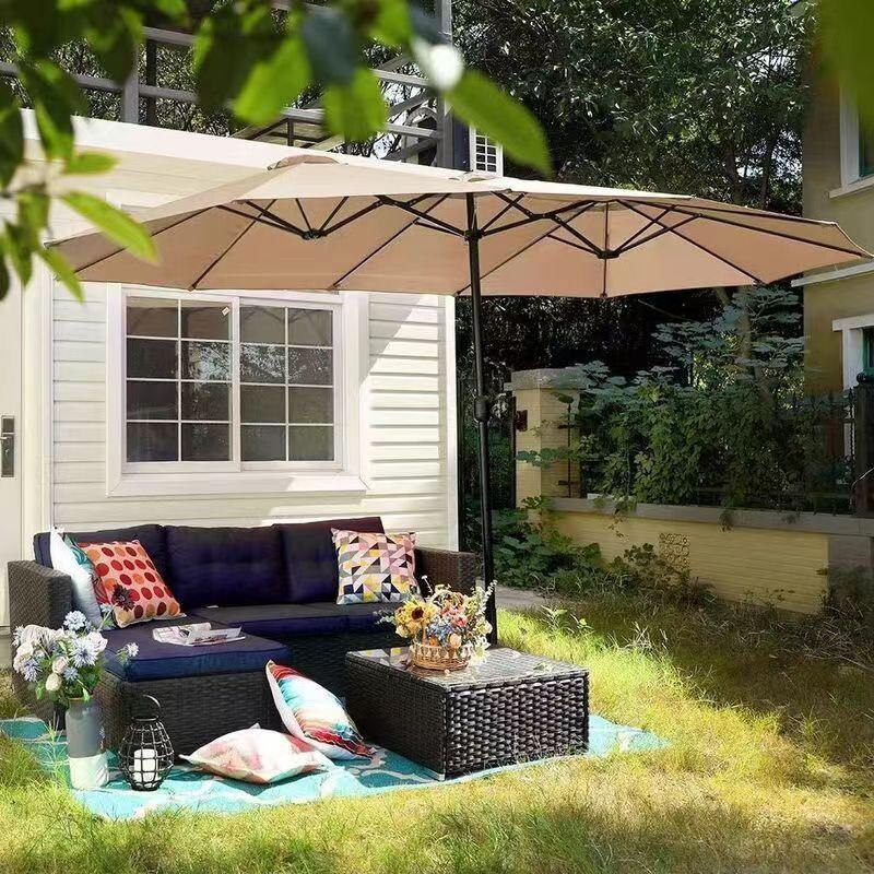 Large Outdoor Cafe & Terrace Sun Umbrella with Three-Head Center Pole