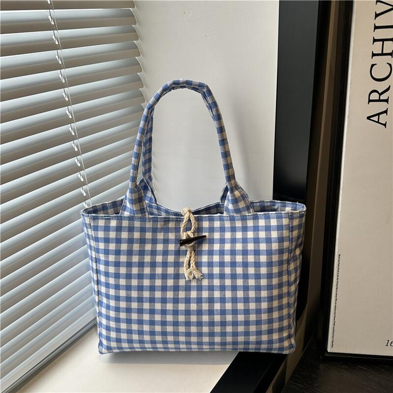 Blue White Gingham Canvas Tote Bag For Women Rope Toggle Closure Large Capacity Handbag Casual Shopping Bag For Commute Travel