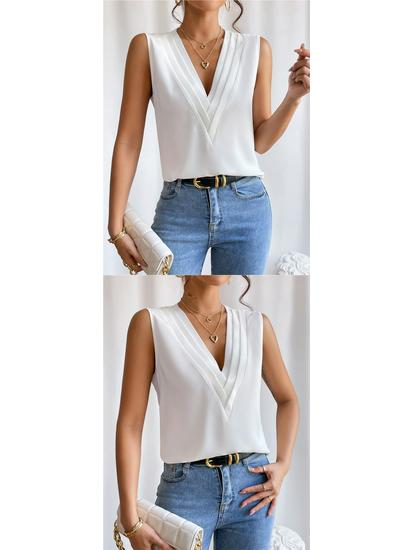 European and American Women's Summer V-Neck Layered Solid Color Top