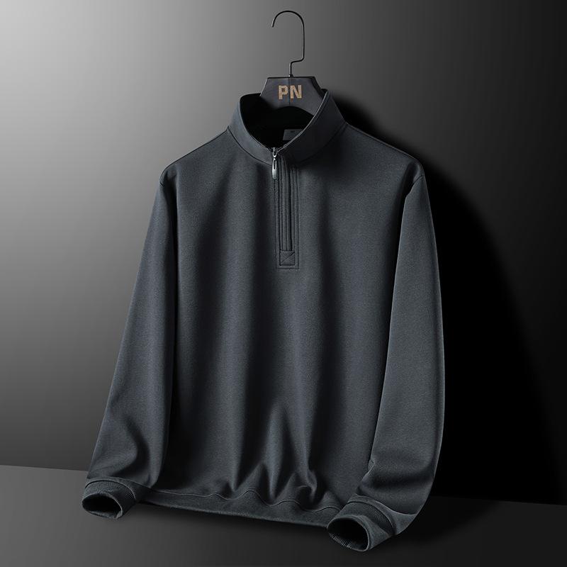 Men's Loose Standing Collar Half Zipper Casual Pullover Top with Long Sleeves