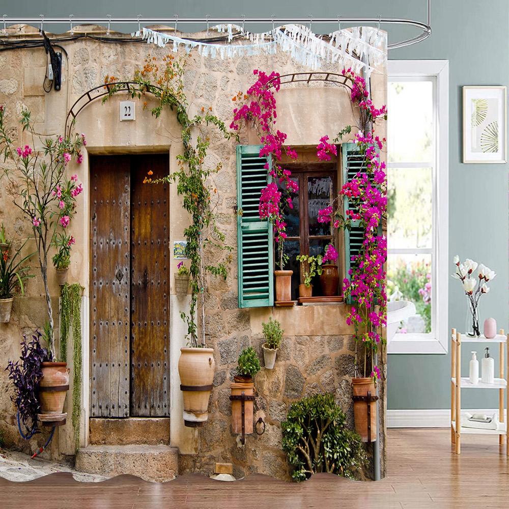 Fence Flowers Shower Curtains Blue Window Nature Floral Plants Scenery Modern Garden Wall Hanging Home Bathroom Decor With Hooks