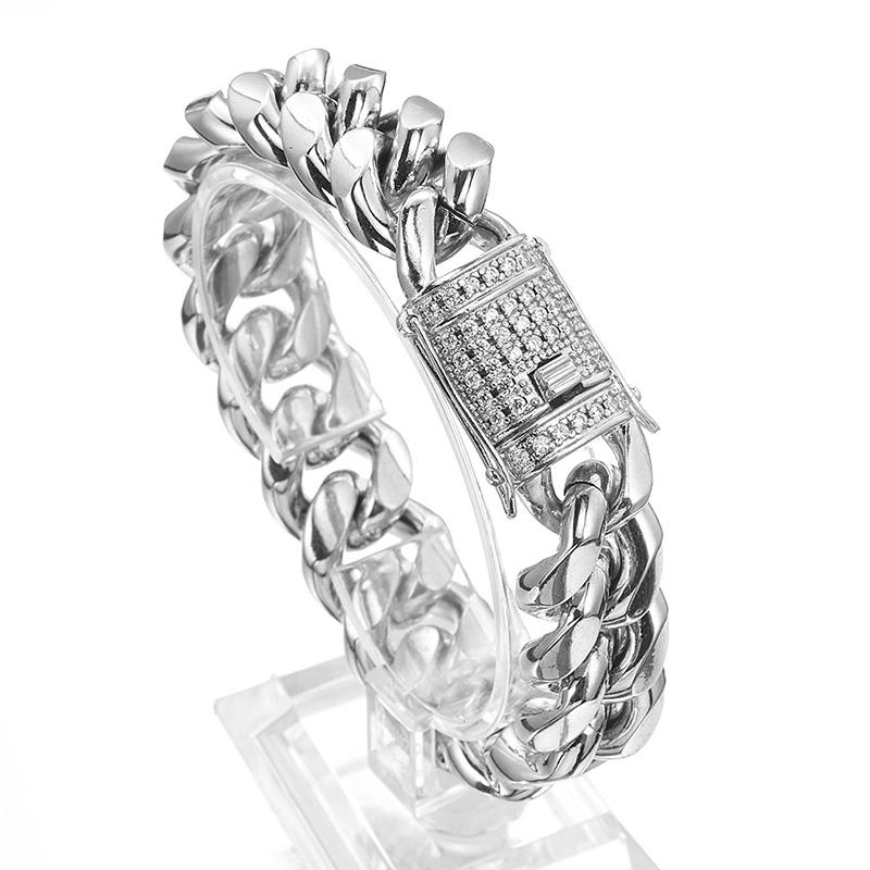 10mm CZ Zircon Stone Pave Stainless Steel Cuban Miami Link Chain Bracelets for Male Boys Hip Hop Rock Jewelry 18CM