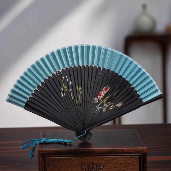 Chinese Style Flower Folding Fan with Tassels Vintage Portable Hand Fan Wedding Dance Party Decorative Handheld Fan Travel Accessory