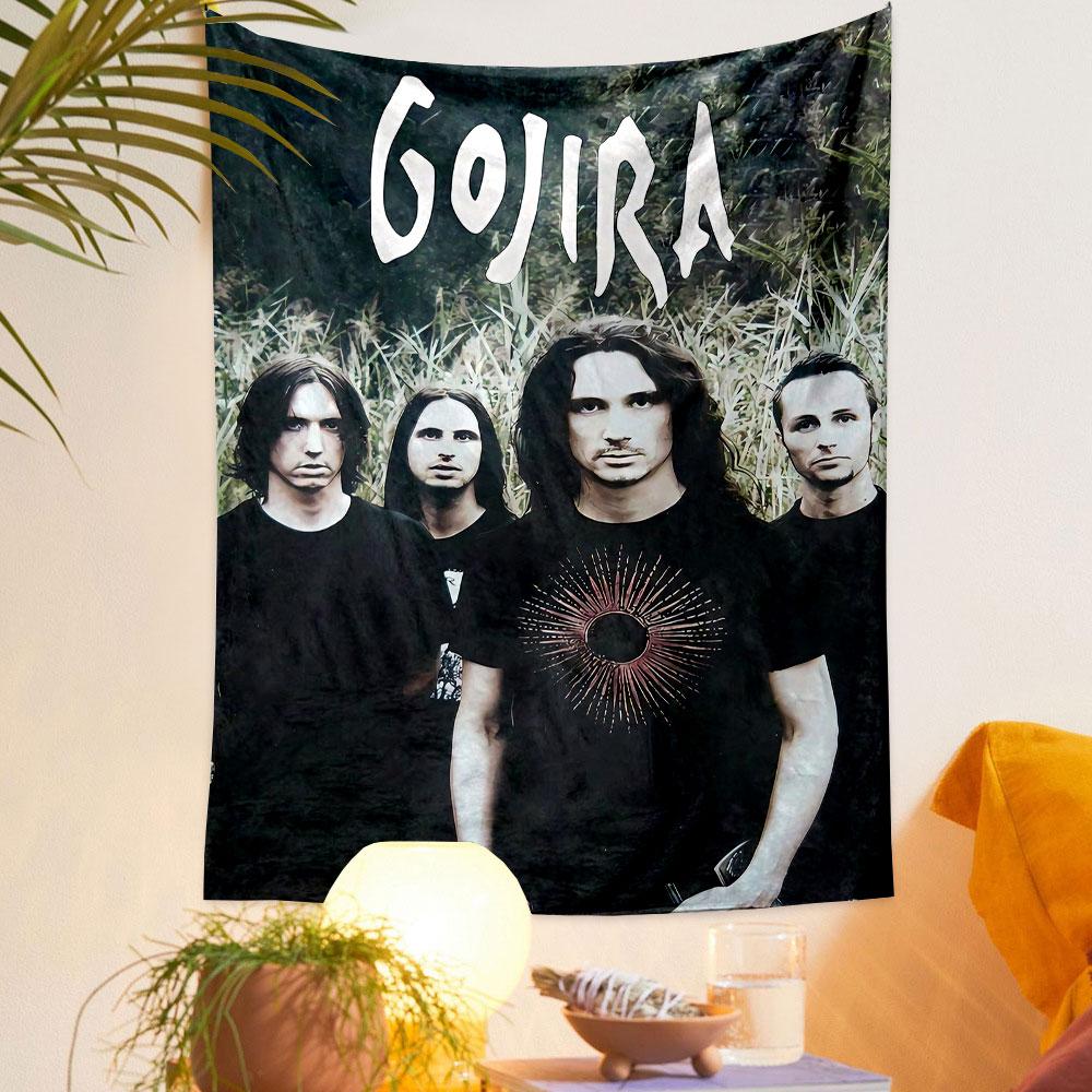 Four men in black shirts standing outdoors with "Gojira" text above. Patterned tapestry for bedroom and living room home decor