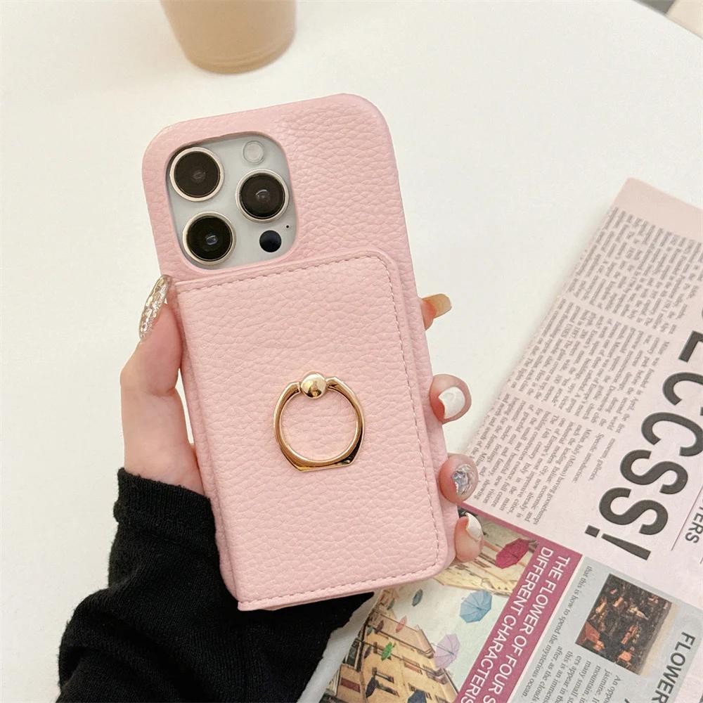 Ring with Card Holder Phone Case for IPhone 15 14 11 Pro Max 13 12 Mini XR XS X Max 8 7 Plus PU Leather Shockproof Shell Cover
