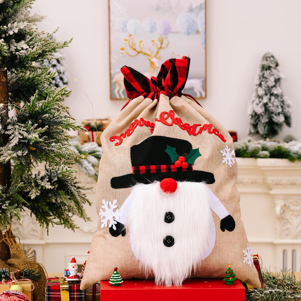 

Themed Charming Cartoon Burlap Christmas Gift Bags Featuring Snowman And Reindeer Merry Christmas Santa