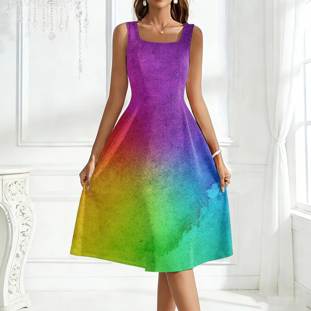 Sleeveless Square Neck Gradient Print Midi Dress for Women Casual A Line Summer Sundress Soft Fabric Flowy Skirt
