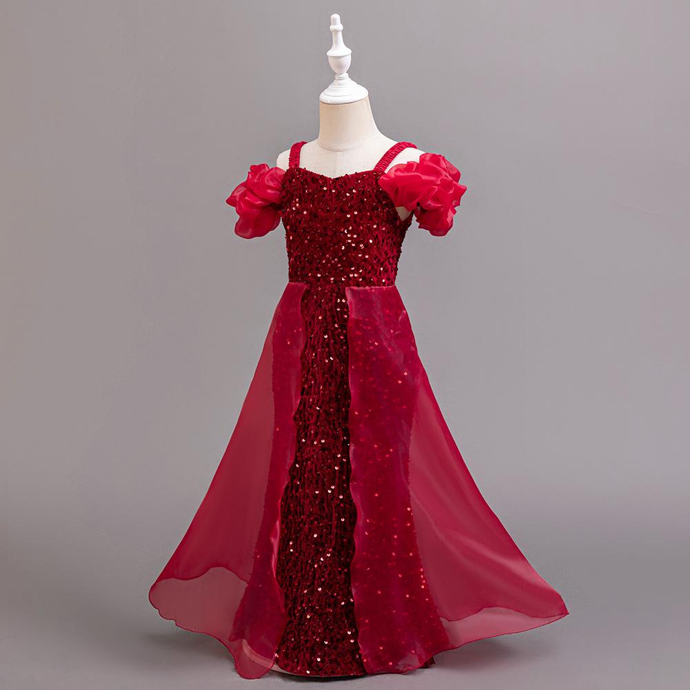 Dívčí letní šaty pro družičku na svatbu, šaty s flitry, dětské princeznovské šaty, síťované šaty, dívčí oblečení, dlouhý odstavec