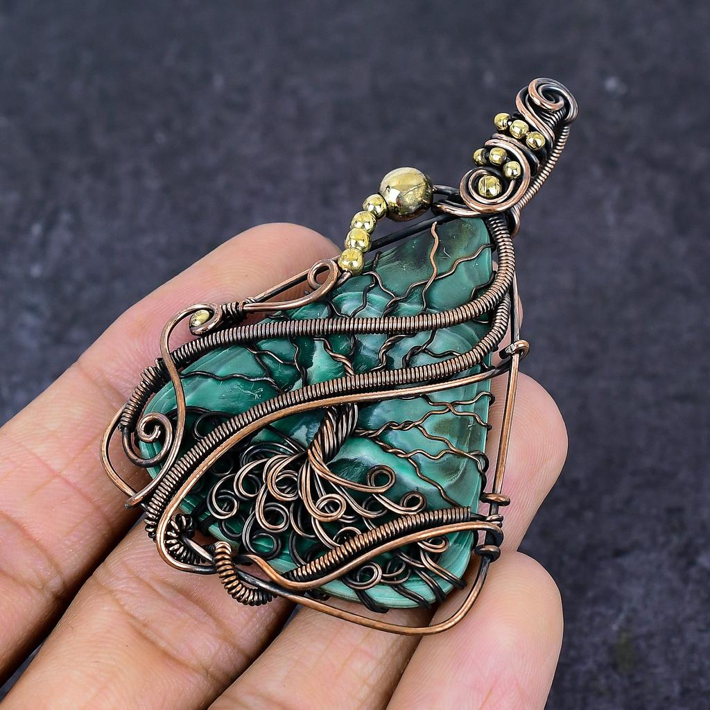 Natural Malachite Gemstone Handmade Copper Wire Wrap Jewelry Pendant 2.84" W3d01