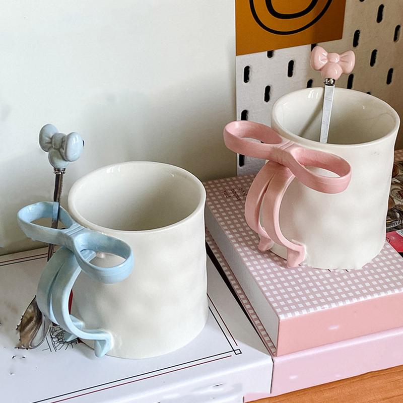 500ml Ceative Ceramics Cup with Pink Bow Handle Decor Cute Lovely Coffee Mug Breakfast Milk Cup Tea Coffee Cup Drinking Utensils