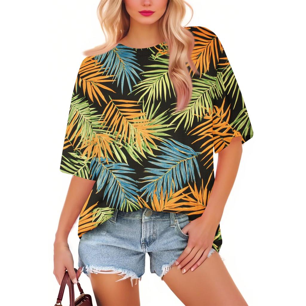 Women's Fashion Casual Floral Loose Round Neck Short Sleeve Trendy Holiday T-shirt Top