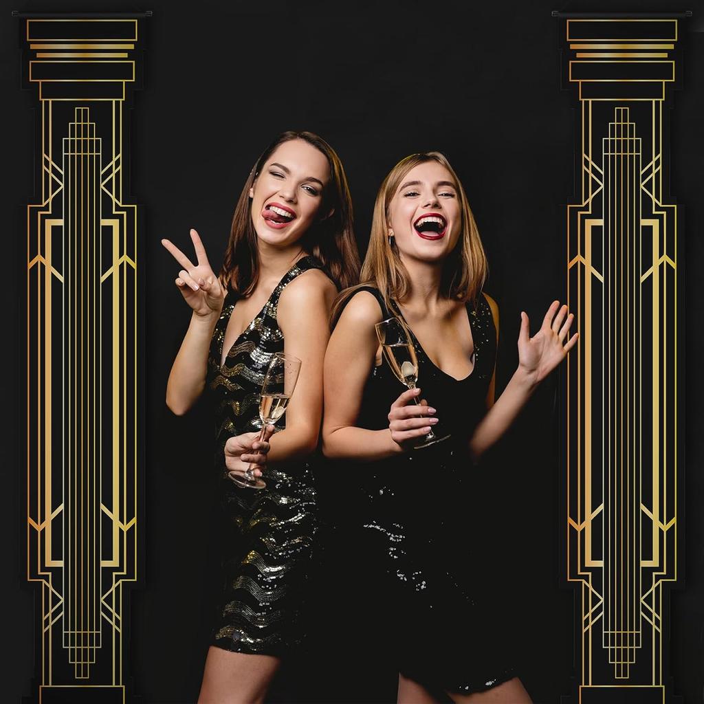 4 Pcs Roaring 20s Party Decorations Black and Gold Column Door Porch Banner 1920s Hanging Banner Speakeasy Awards Wedding Decorations Supplies