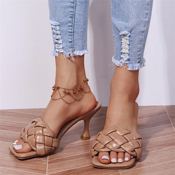 

Роскошные женские шлепанцы на высоком каблуке, фетиш-лодочки, индивидуальные плетеные туфли для отдыха, синие офисные женские тапочки для выпускного вечера 35