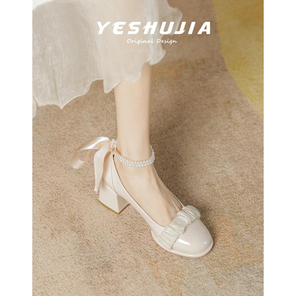 Mary Jane women's shoes 2025 new spring and autumn mesh bow high heels women's thick heel pearl light mouth single shoes women