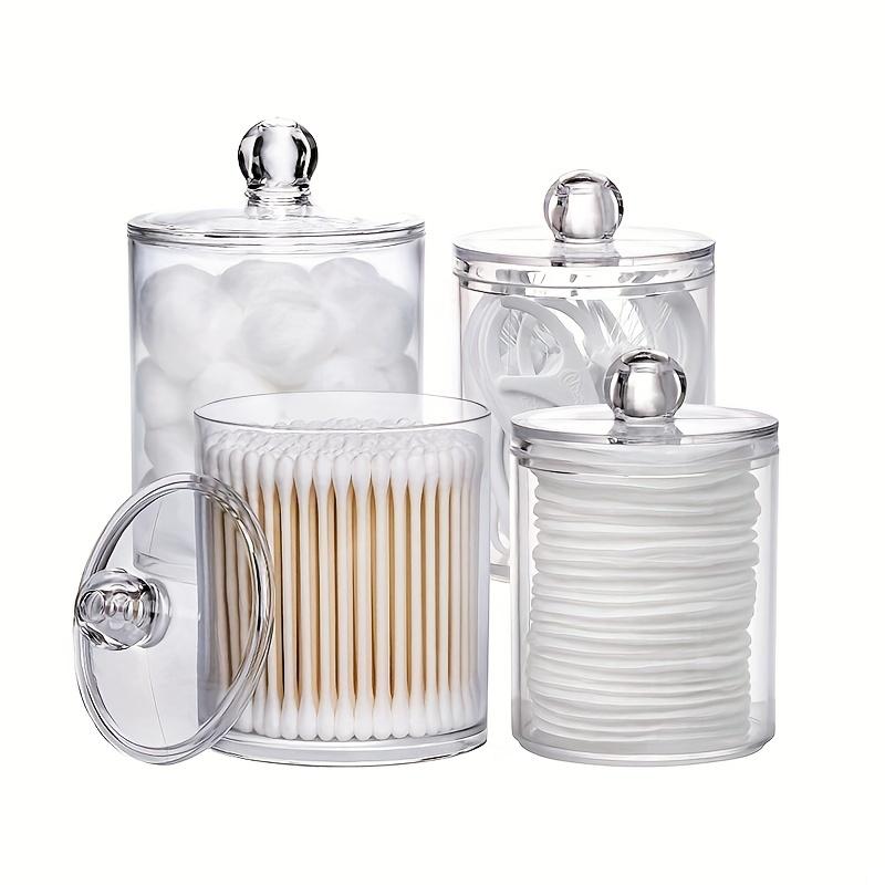 4 Pcs Qtip Holder Dispenser - 10 Oz, 12 Oz Bathroom Organizers Storage Containers, Clear Plastic Apothecary Jars with Wood Lid