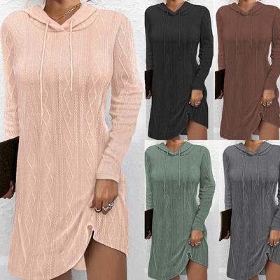 Autumn Solid Colour Long Sleeve Hooded Pullover Knitted Dress