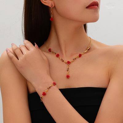 Vintage French Rose Flower Bracelet Set Female Ins Personality Temperament Red Rose Necklace Bracelet Tide