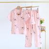 Summer New Three-piece Women's Pajamas Set 100% Cotton Crepe Short-sleeved + Shorts + Trousers Thin Women's