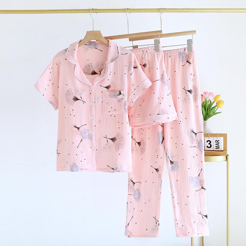 Summer New Three-piece Women's Pajamas Set 100% Cotton Crepe Short-sleeved + Shorts + Trousers Thin Women's