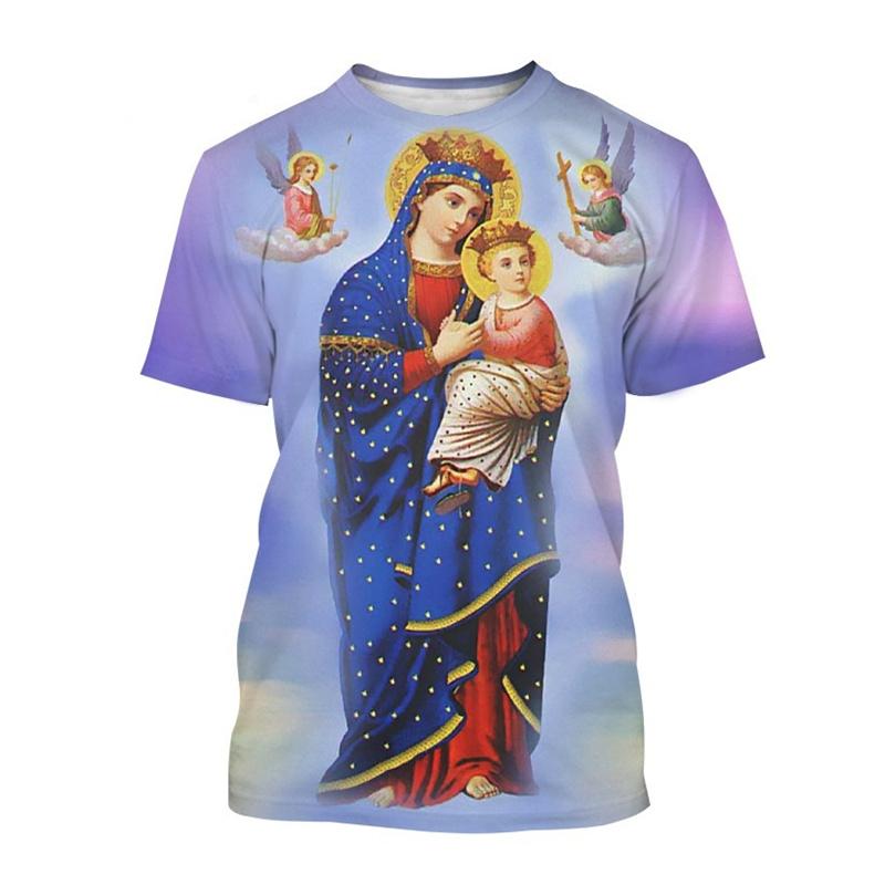 Camiseta Mãe de Deus Virgem Maria Moda Masculina Manga Curta Estampa 3D Camiseta Cristã Tendência Casual Verão Tops Confortáveis