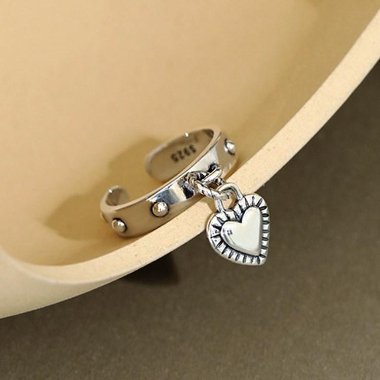 Retro Heart Open Ring: Japanese-Korean Inspired Thai Silver Tassel Pendant Adjustable Open