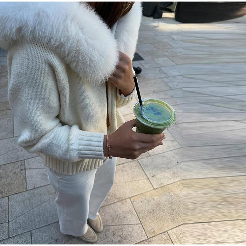 Long-sleeved Fur Collar Hooded Sweater Autumn and Winter Inner and Outer Wear Dual-purpose Ladies Solid Color Zipper Blouse Slim Knit Ladies Cardigan