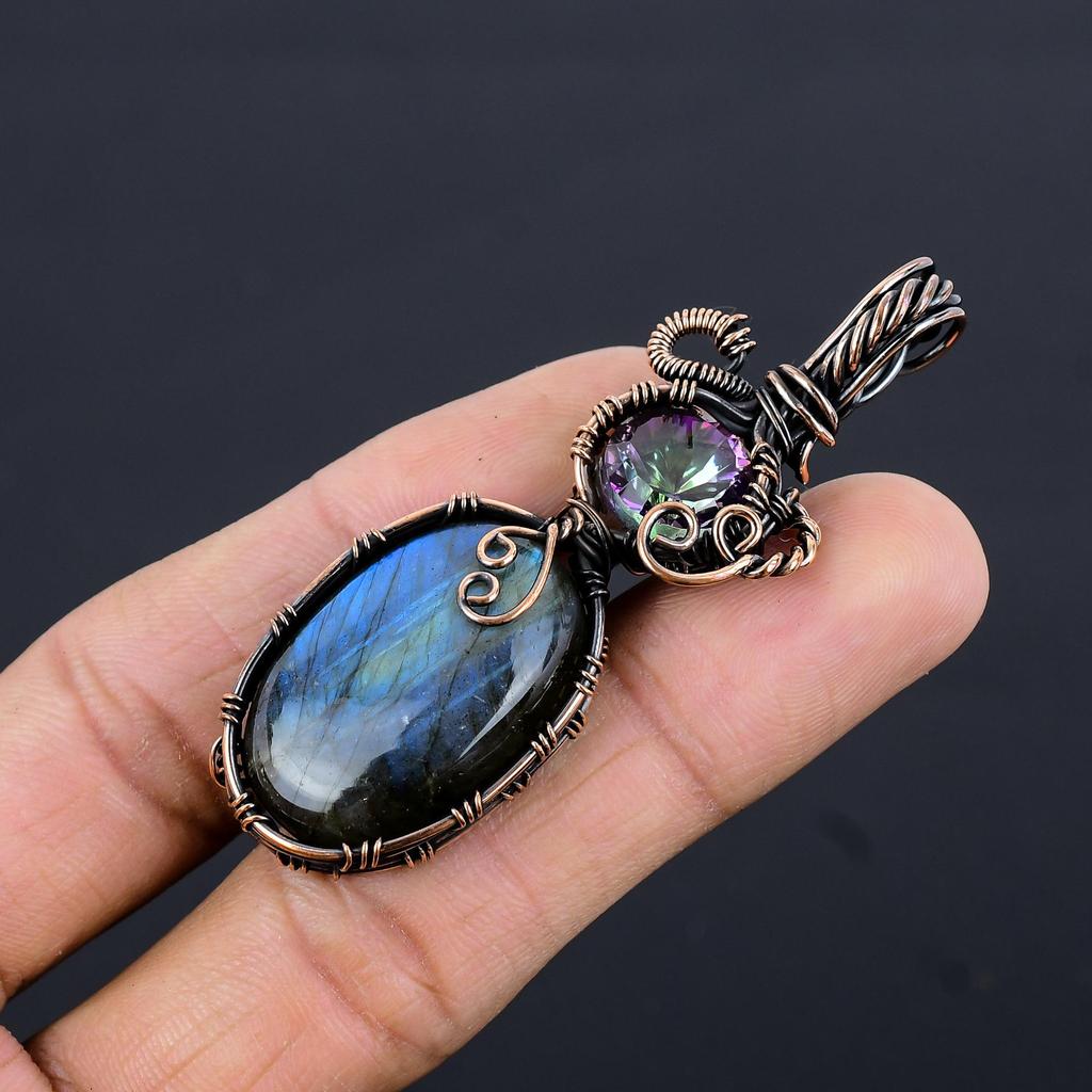 Labradorite Pendant, Handmade Gemstone 999 Copper Wire Wrapped Pendant Antique Jewelry, For Gift Silver Jewelry