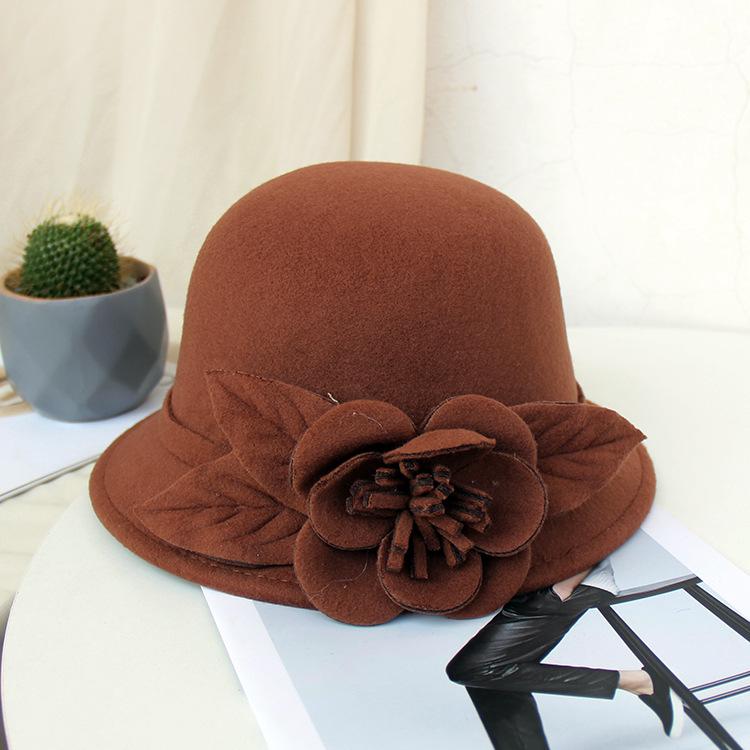 New Hat Women's Autumn and Winter British Woolen Woolen Pot Hat Fashion Flower Bucket Hat Warm Felt Top Hat
