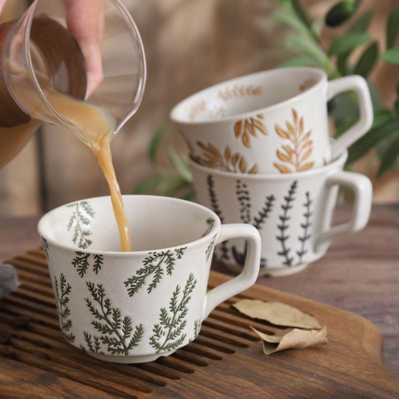 350ML Ceramic Coffee Mug Large Porcelain Tea Mug Leaf Pattern Ceramic Mug Breakfast Milk Juice Cup Home Office Water Cup