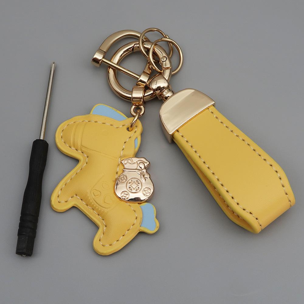 Instant Wealth Leather Keychain with Cartoon Pony Pendant for Couples – Trendy Bag and Car Accessory