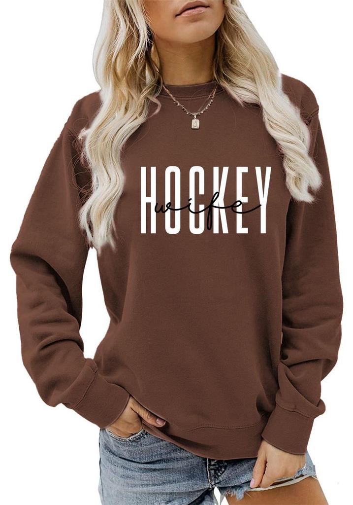 European & American Fashion Long Sleeve Loose Hoodie with 'Hockey Wife' Print for Women