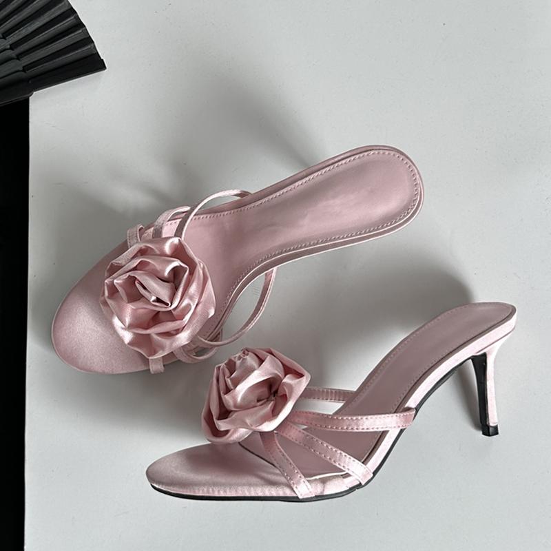 Eilyken Summer Flower Woman Slippers Thin Low Heels Narrow Band Party Stripper Ladies Mules Slides Zapatos Mujer