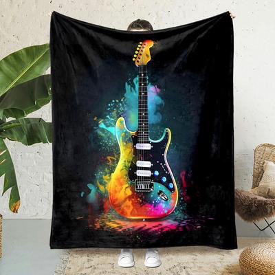 Rock Guitar Print Flannel Fleece Throw Blanket Reversible Lightweight Office Nap Cover Contemporary Style Gift