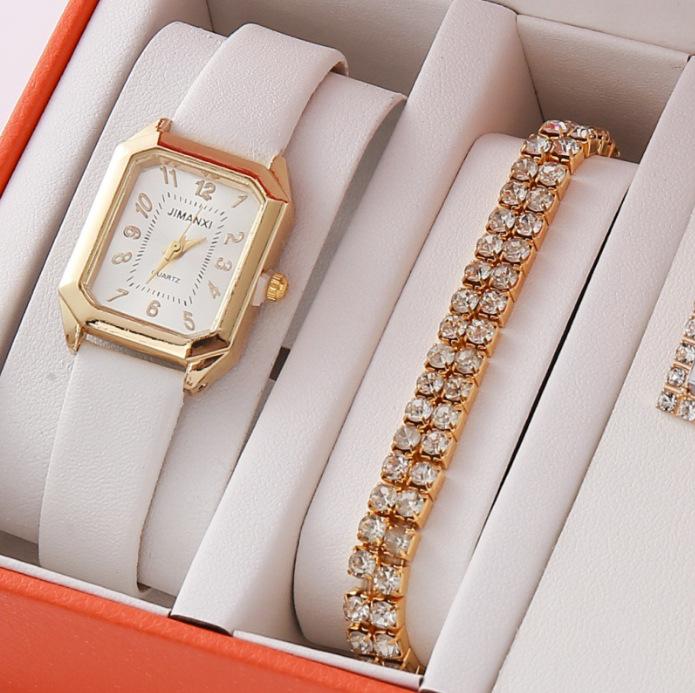 New Casual Fashion Leather Women'S Business Square Quartz Watch Korean Version Of Rhinestone Jewelry Set Watch