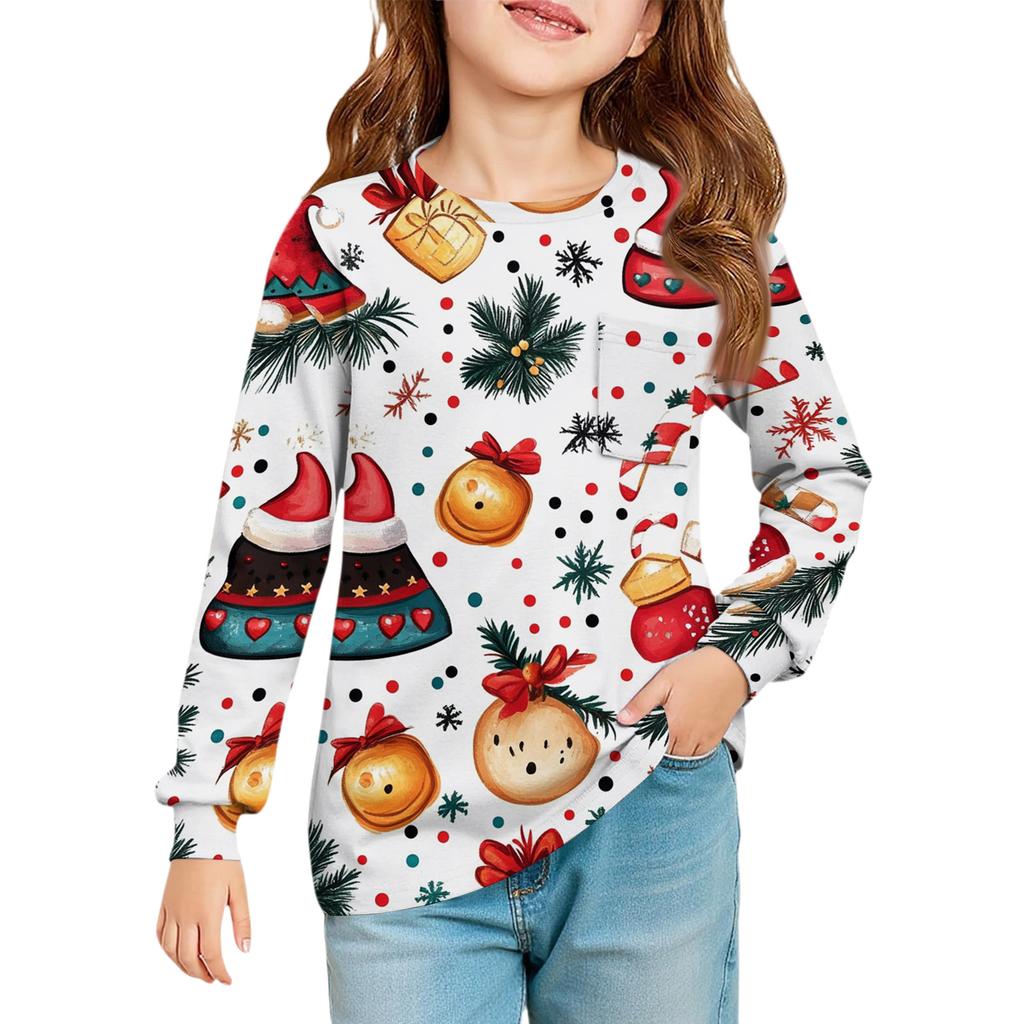 Christmas Day Girls' Long Sleeve Blouse - Round Neck Soft Waist Tunic