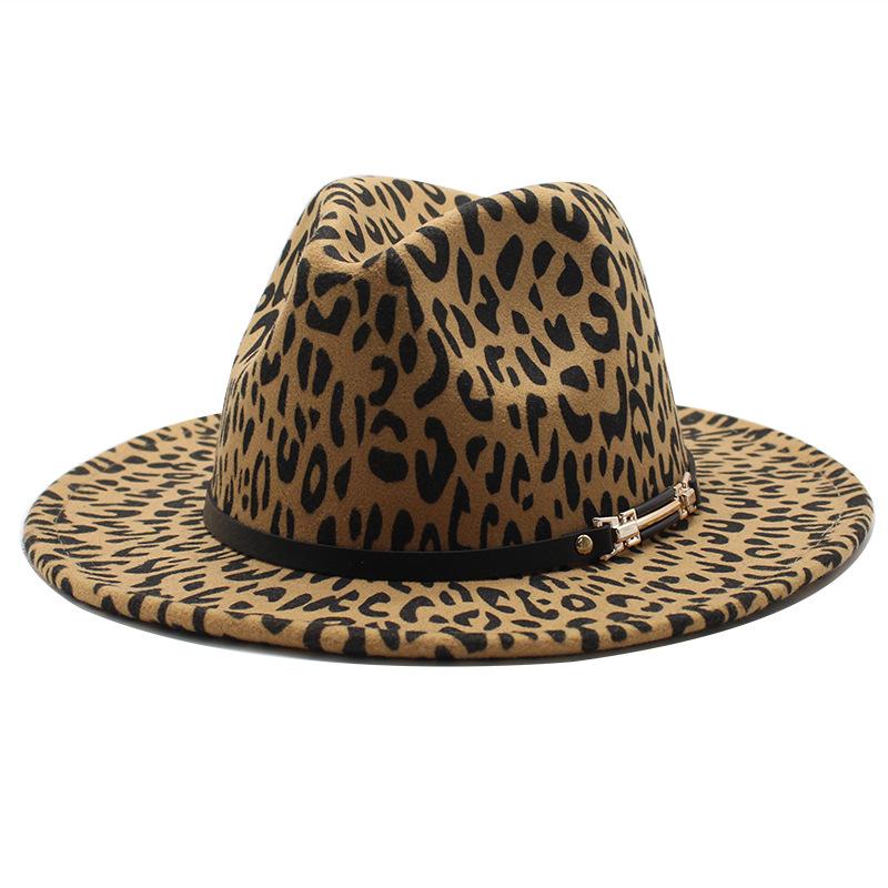 Leopard Print Woolen Top Hat Men'S And Women'S Flat-Brimmed Big Eaves Hat Belt Decorative Couple Hat Lady Jazz Hat Jz-009