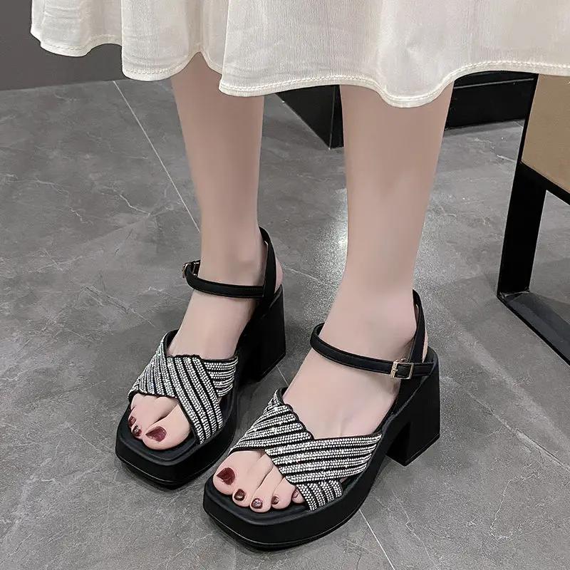 Fashion Rhinestones Square Heels Sandals for Women Summer Sales 2025 Offers New Breathable Fashion Offer Woman Shoes On Sale Wholesale
