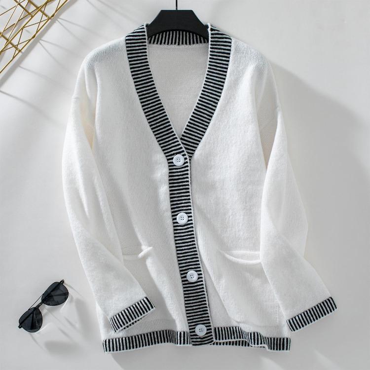 Vintage Autumn Winter Knitwear Cardigan Loose Long Sleeve V Neck Solid Color Sweater Top