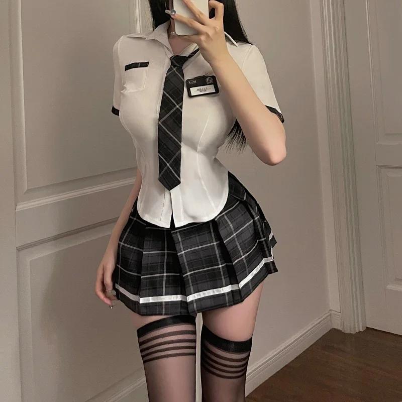 Schoolgirl JK Uniform Women Sexy Student Cosplay Costume Lingerie Slim Fit Outfit Shirt with Plaid Pleated Skirt Panties Set