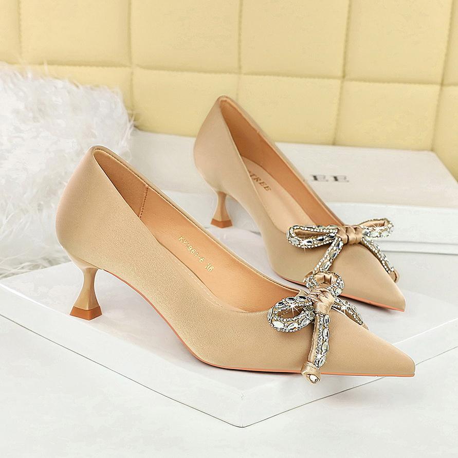 Water Diamond Bow Pointed, Thin Heel, Silk Heel, Single Shoe, Wine Glass Heel, Women's Single Shoe