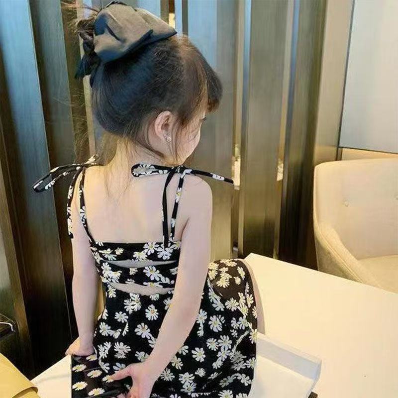 Girls suspender dress Korean version Little Daisy girl fashionable summer printed skirt backless suspender dress 90cm чёрный