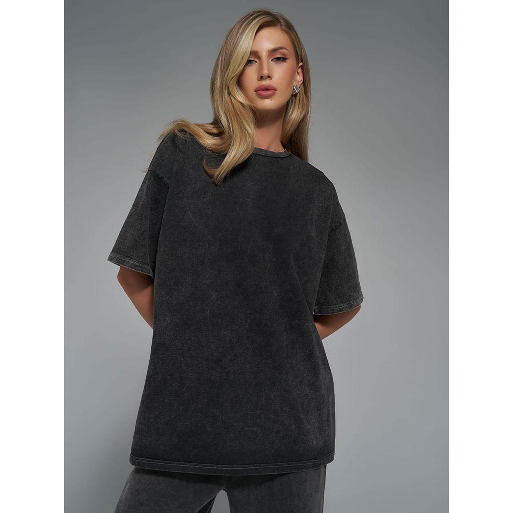 Cotton Retro T-shirt Men Women Vintage Short-sleeve Wax Printing T Shirts Solid Color Hip Hop Loose Tees Plus Size