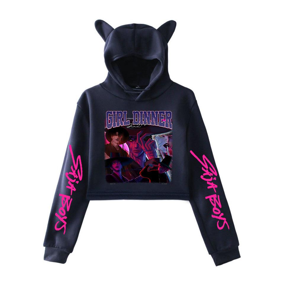 

KPop Demon Hunters Hoodies Women Cat Ears Short Hoodie Saja Boys HUNTR/X Rumi Mira Zoey Derpy Sweatshirt Y2k Girl Crop Tops XXS