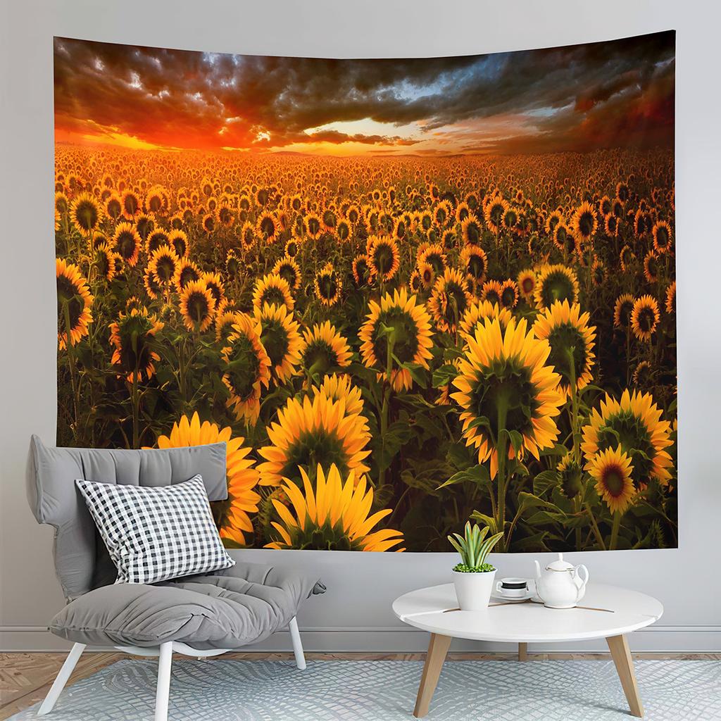 Sunset Sunflowers Field Tapestry Warm Yellow Floral Plant Tapestry Home Living Room Bedroom Dorm Wall Hanging Decorative Blanket