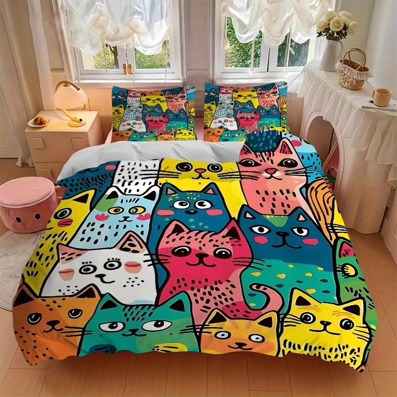 3Pcs Colorful Cats Printed Bedding Set, Breathable And Soft,(Includes 1 Duvet Cover And 2 Pillowcases, Quilt Not Included) yy250815146