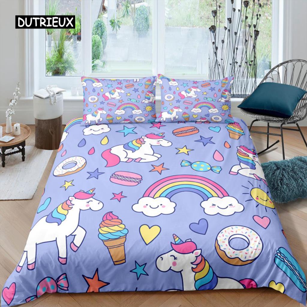 Duvet Cover Pink Rainbow Unicorn Comforter Cover Set for Women Girls Kid Baby Birthday Bedroom Decoration Lovely Cartoon Animal