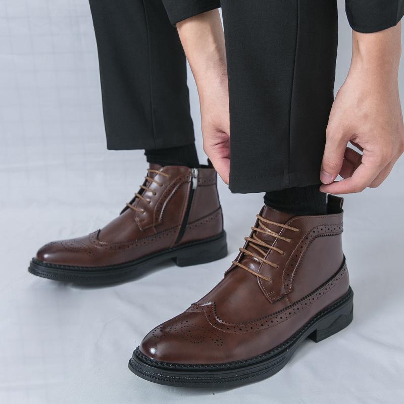 Brogue Martin Men's Autumn Pointed Toe High-Top Leather Chelsea Boots - European & American Mid-Calf Style